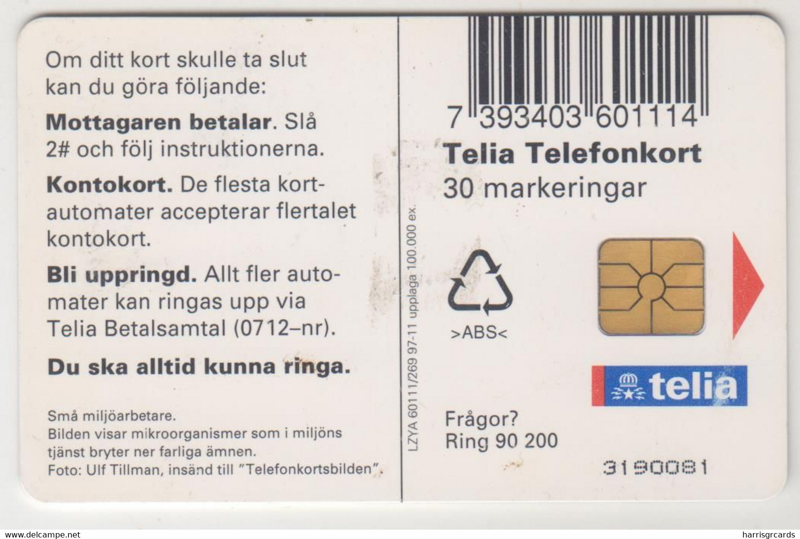 SWEDEN - Microorganism , Telia 30U, 11/97, Tirage 100.000, Used - Schweden