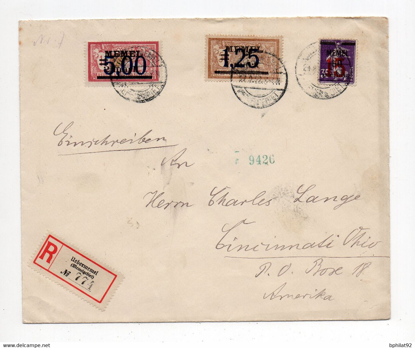 !!! MEMEL, LETTRE RECO D'UBERMEMEL DE 1922 POUR CINCINNATI, AFFRANCH MERSONS SURCHARGES - Lettres & Documents