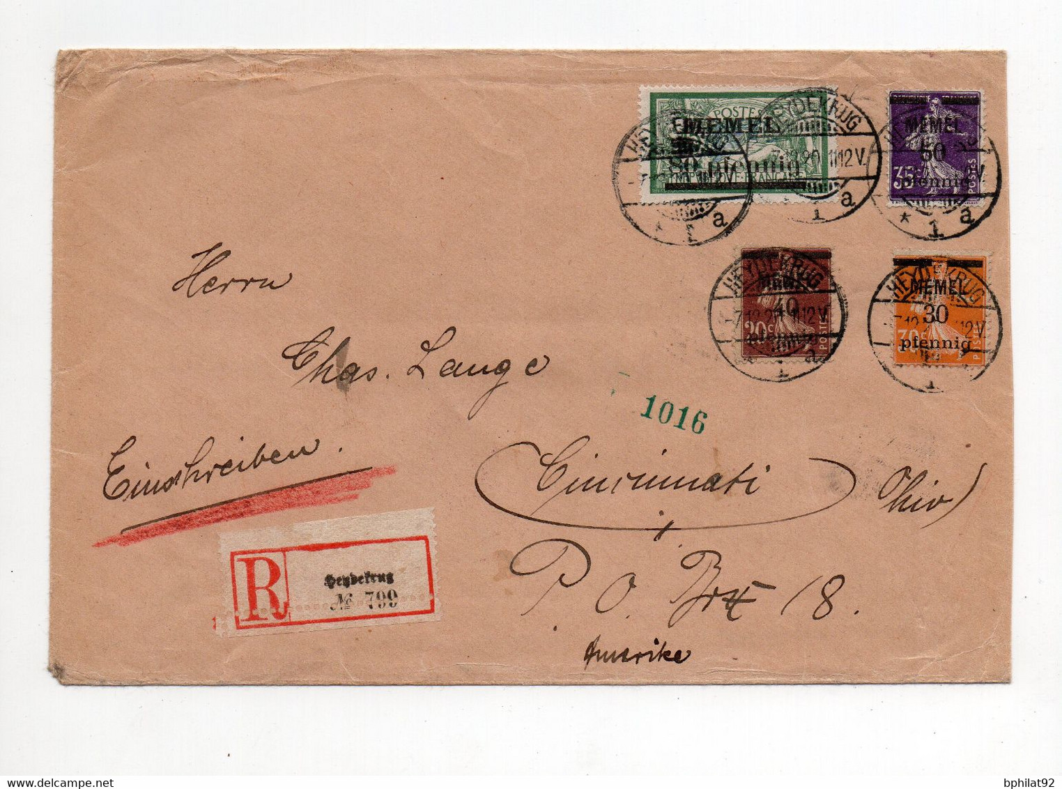 !!! MEMEL, LETTRE RECO D'HEYDEKRUG DE 1921 POUR CINCINNATI, AFFRANCH MERSONS & SEMEUSES SURCHARGES - Lettres & Documents