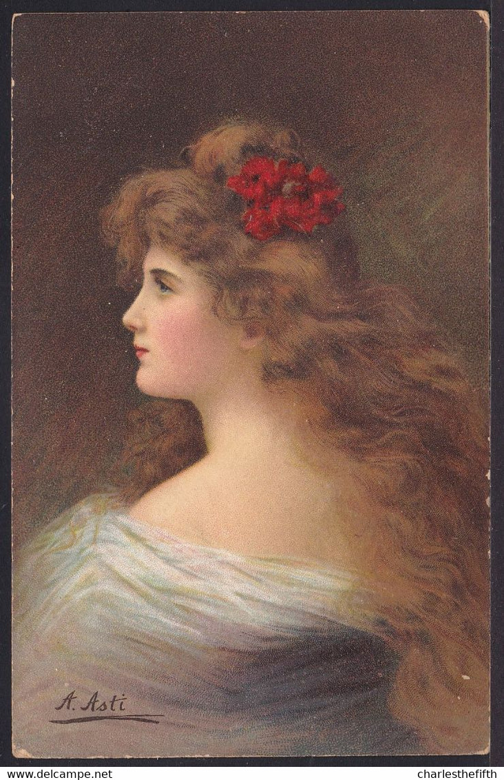 LITHO Chromo Art Nouveau ILLUSTRATEUR ASTI TSN 505 Nr. 8 Superbe Dos Femme Decolleté Négligé Fleur -  RARE - Asti