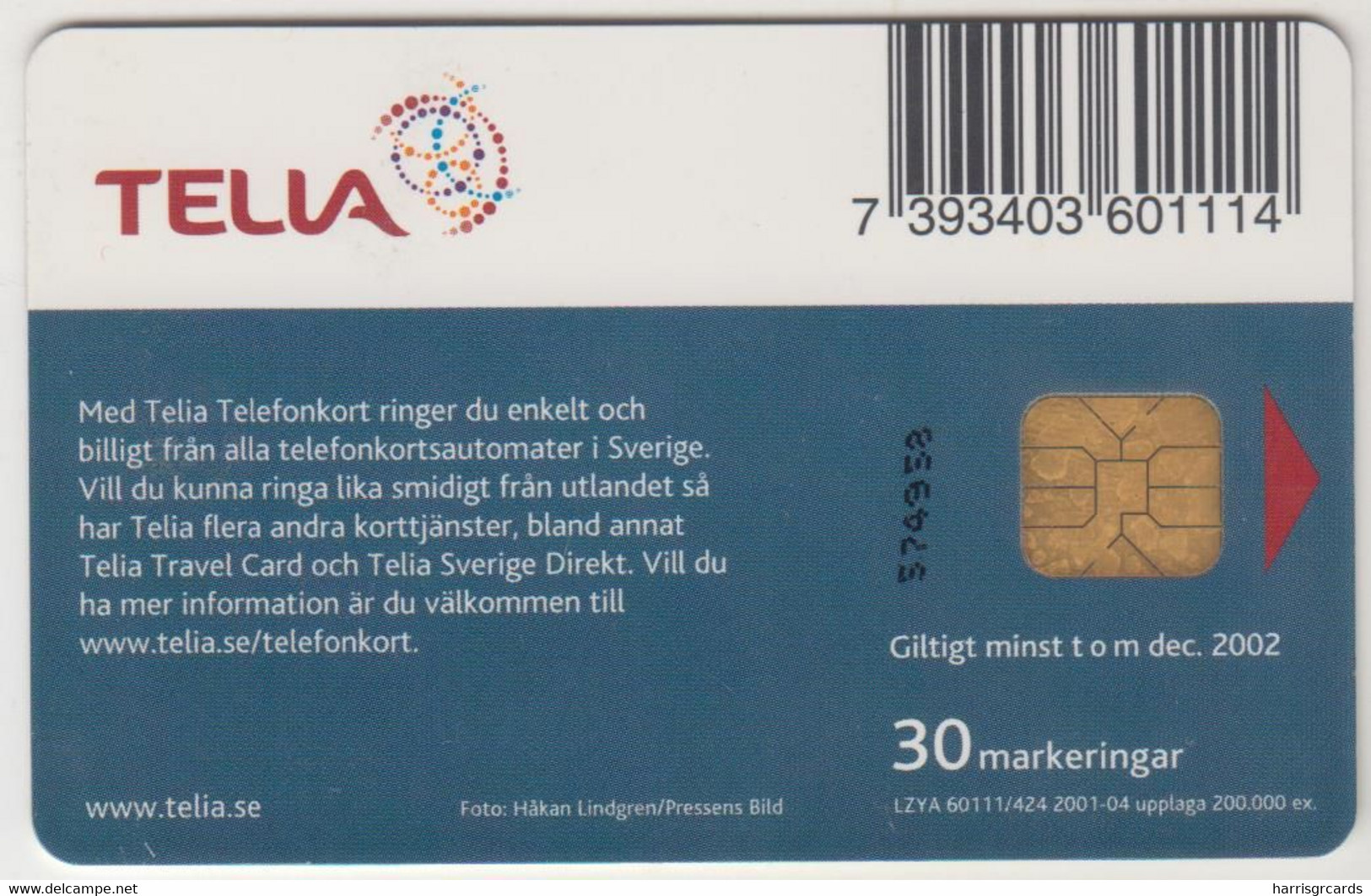 SWEDEN - Football , Telia 30U, 04/01, Tirage 200.000, Used - Schweden