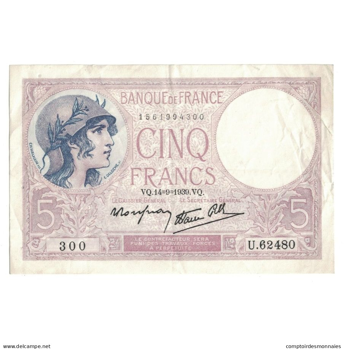 France, 5 Francs, Violet, 1939, 1939-09-14, TTB+, Fayette:04.08, KM:83 - 5 F 1917-1940 ''Violet''