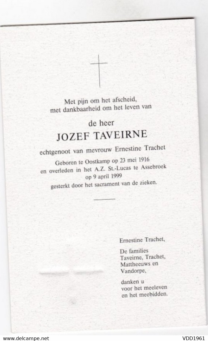 J.TAVEIRNE °OOSTKAMP 1916 +ASSEBROEK 1999 (E.TRACHET) - Devotion Images