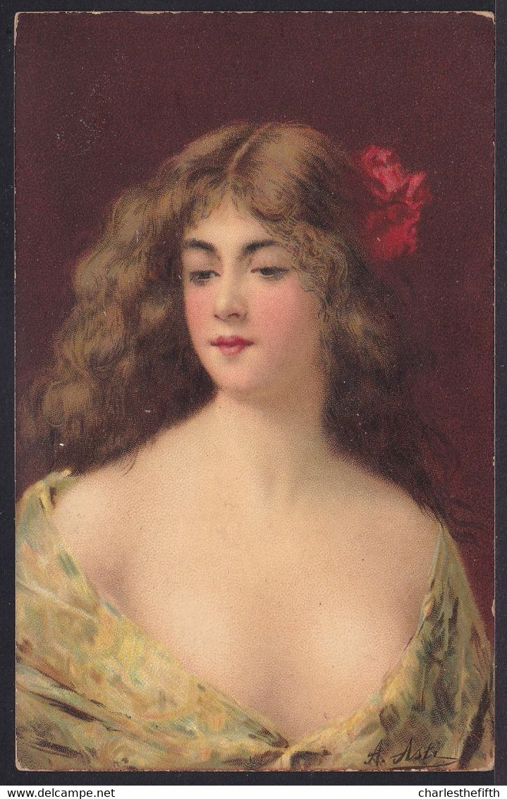 LITHO Chromo Art Nouveau ILLUSTRATEUR ASTI -  Stroefer 505 Nr 7 -  Superbe Buste Femme Decolleté Négligé Fleur -  RARE - Asti