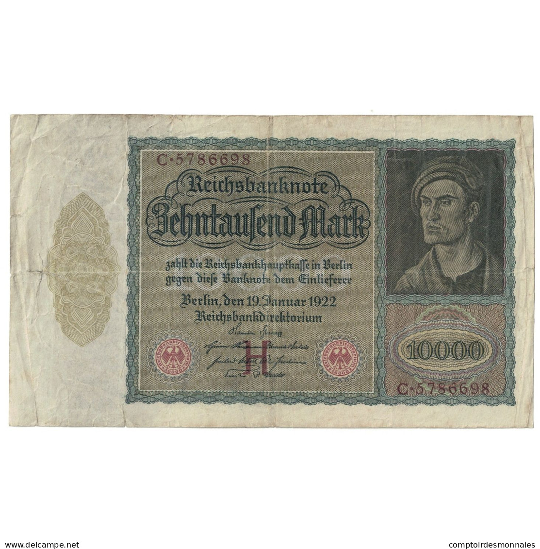 Billet, Allemagne, 10,000 Mark, 1922, 1922-01-19, KM:70, B+ - 10.000 Mark