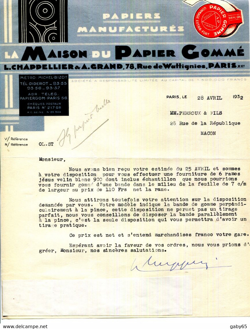 FACTURE.PARIS.PAPIERS MANUFACTURES.LA MAISON DU PAPIER GOMMÉ.CHAPPELLIER & GRAND 78 RUE DE WATTIGNIES. - Imprimerie & Papeterie