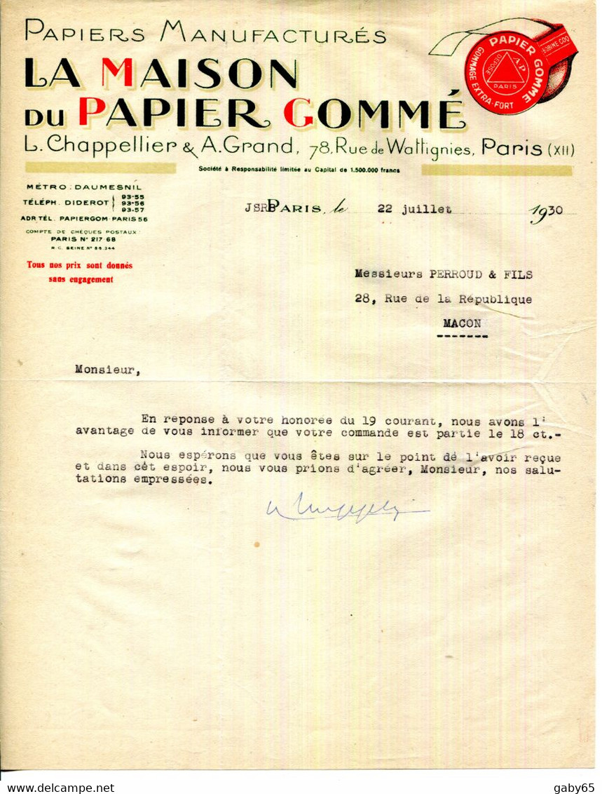 FACTURE.PARIS.PAPIERS MANUFACTURES.LA MAISON DU PAPIER GOMMÉ.CHAPPELLIER & GRAND 78 RUE DE WATTIGNIES. - Druck & Papierwaren