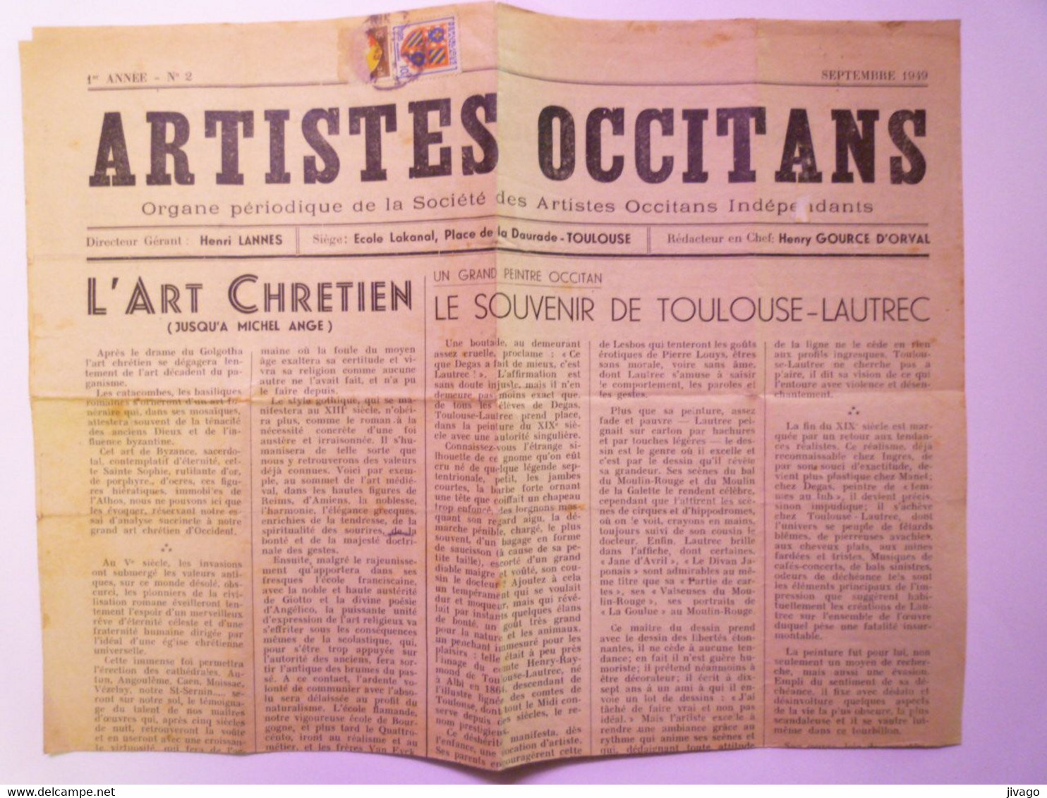 2021 - 4043  " ARTISTES OCCITANS "  1ère Année  N°2  (SEPT 1949  2 Pages)   XXX - Non Classés