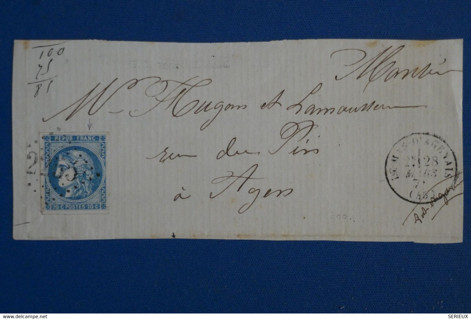 AH9 FRANCE BELLE LETTRE  1871 LE MAS D AGENAIS   POUR  BORDEAUX + AFFRANCH. INTERESSANT - 1870 Emisión De Bordeaux