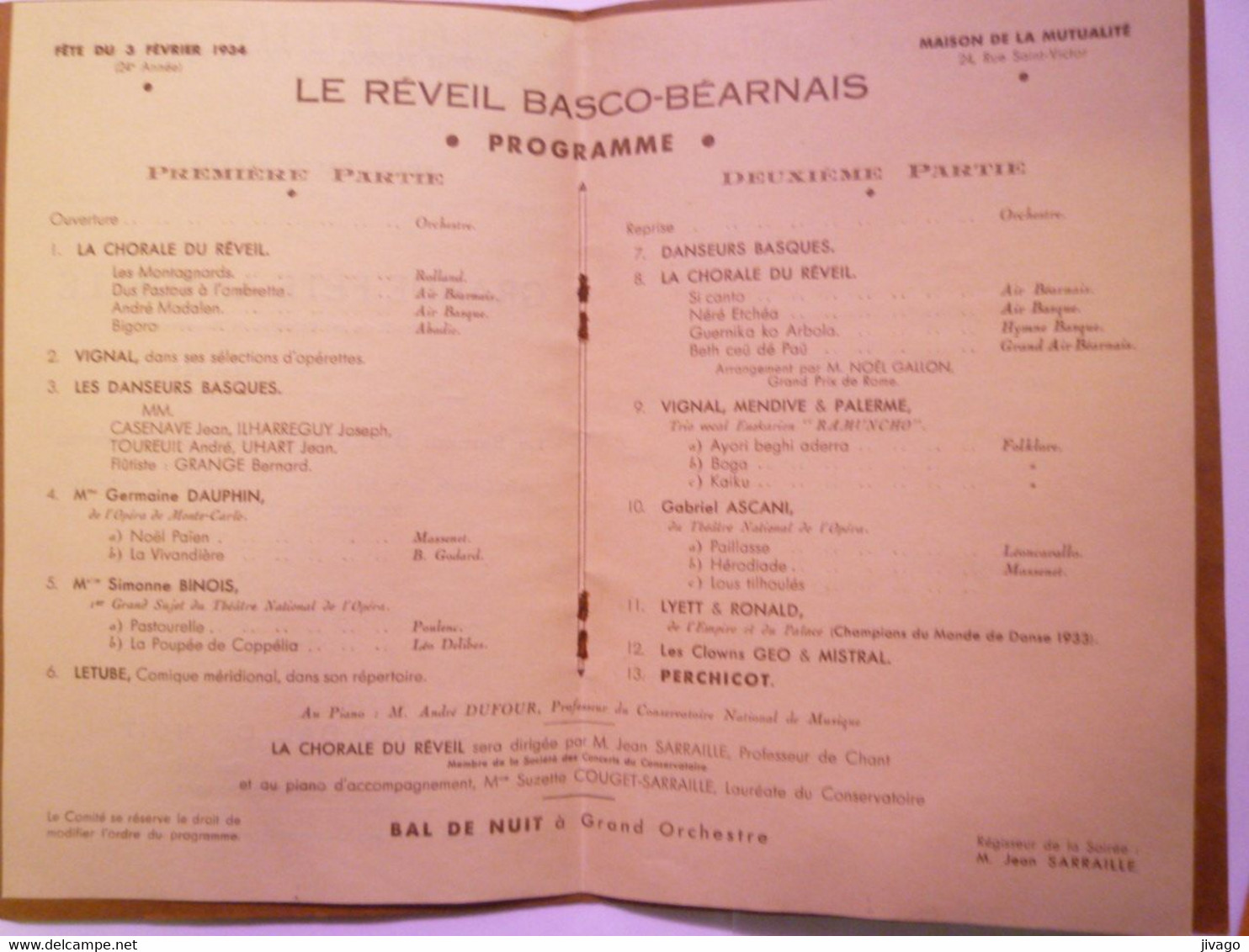 2021 - 4047  " Le REVEIL BASCO-BEARNAIS "  (Association Parisienne)  PROGRAMME De La Gde FÊTE Annuelle  1934   XXX - Non Classés