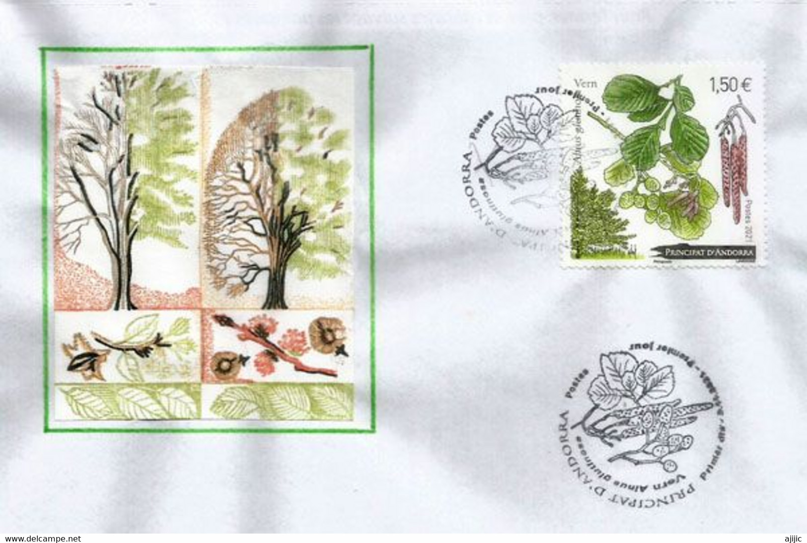 2021. Arbre Et Feuilles De L’aulne Noir (vergne) FDC ANDORRA - Covers & Documents