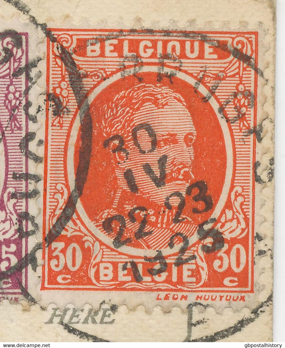 BELGIEN 1925 Albert I 15 U. 30C Von BRUGGE N ROTHERHAM, England AK, 30 C. (Mi-Nr. 177),   ABART: HUUYUUX Statt HOUYOUX - Sin Clasificación