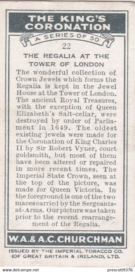 The Kings Coronation 1937 - 22 Regalia At The Tower - Churchman Cigarette Card - Original - Royalty - Churchman