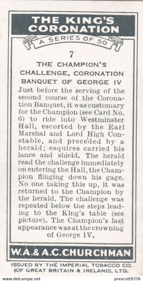 The Kings Coronation 1937 - 7 Champion Challenge - Churchman Cigarette Card - Original - Royalty - Churchman