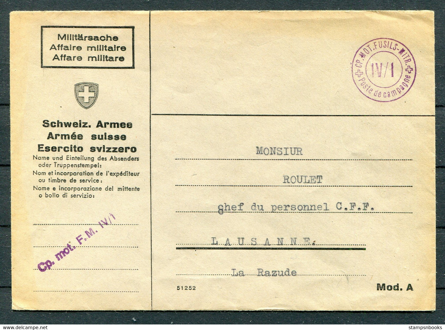 WW2 Switzerland Feldpost Fieldpost Cover M.O.T. FUSILS MITR. - Monsiur Roulet, Chef Du Personnel C.F.F. Lausanne - Postmarks