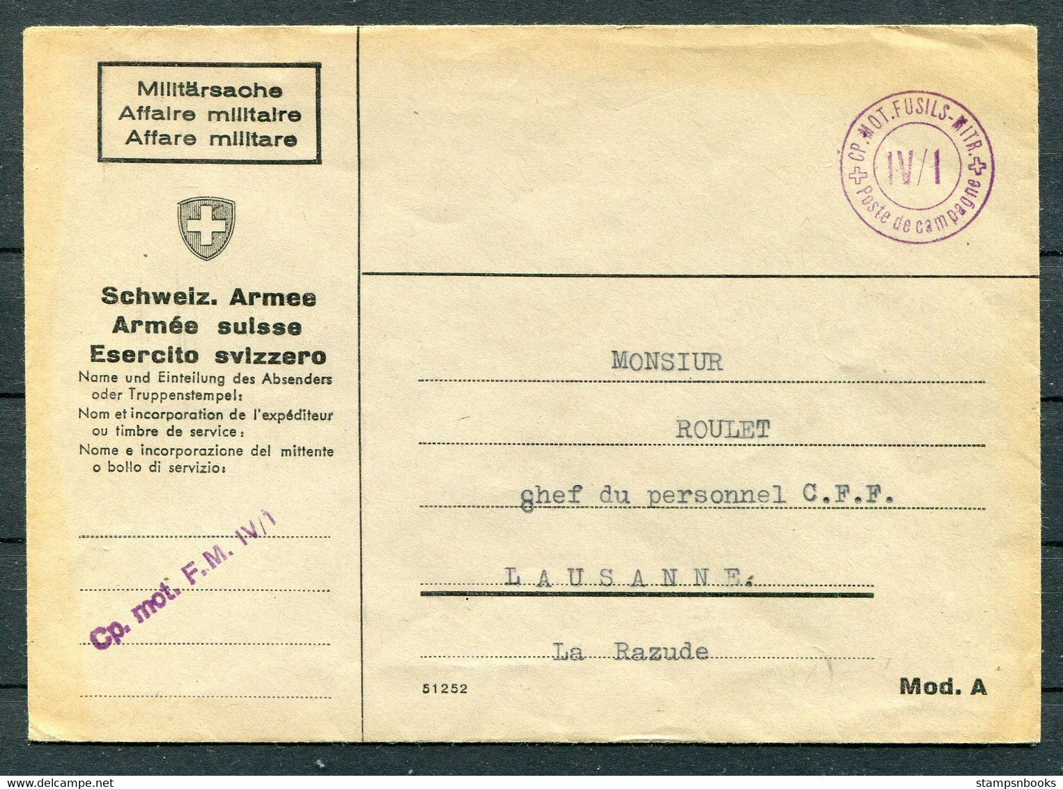 WW2 Switzerland Feldpost Fieldpost Cover M.O.T. FUSILS MITR. - Monsiur Roulet, Chef Du Personnel C.F.F. Lausanne - Oblitérations