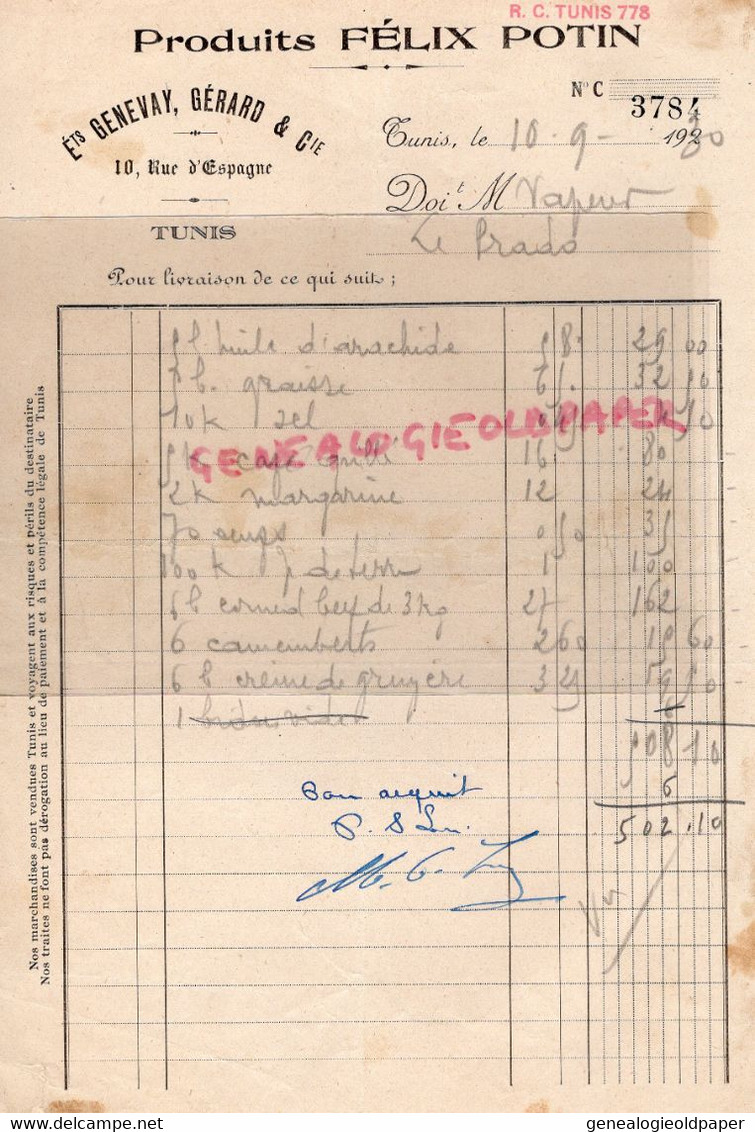 AFRIQUE-TUNISIE-TUNIS- FACTURE FELIX POTIN-ETS. GENEVAY GERARD-10 RUE D' ESPAGNE-1930 - Autres & Non Classés