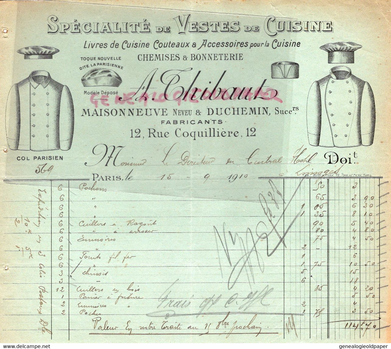 75- PARIS- FACTURE A. THIBAUT-MAISONNEUVE NEVEU & DUCHEMIN-CHEMISES BONNETERIE-CUISINE TOQUE-12 RUE COQUILLIERE-1910 - Textile & Vestimentaire