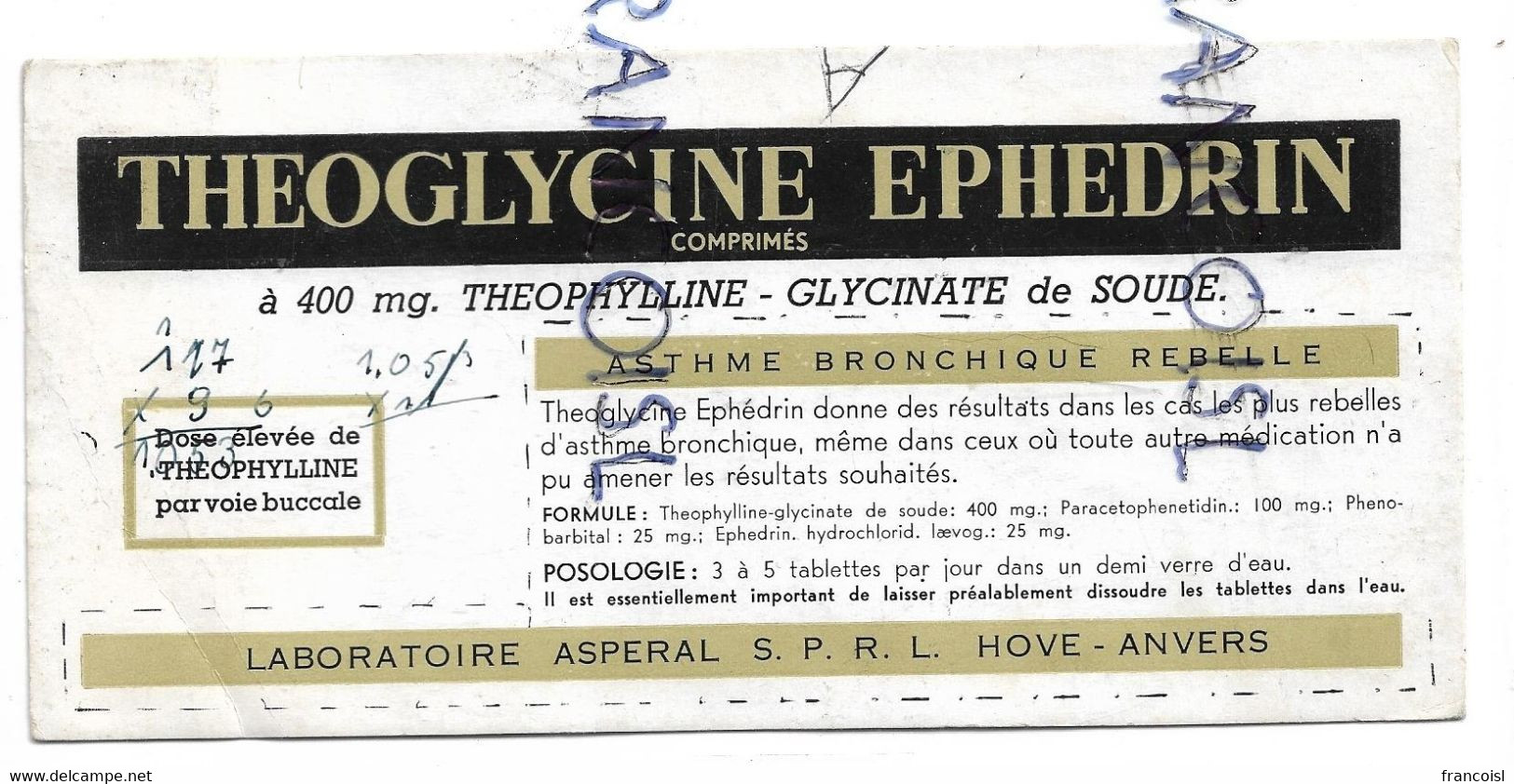 Theoglycine Ephedrin, Comprimés. Laboratoire Asperal, Hove-Anvers - Produits Pharmaceutiques
