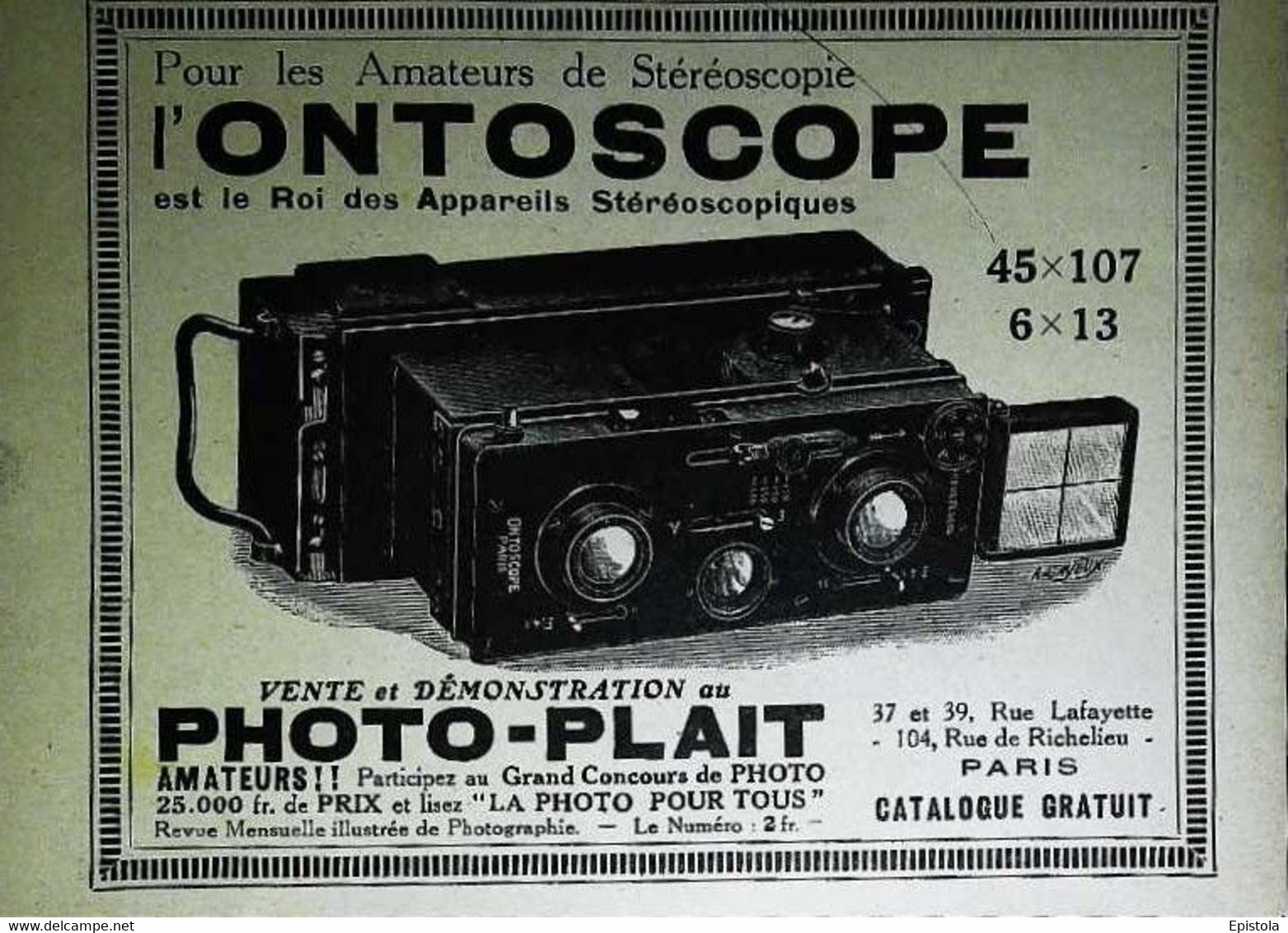 ► 1924 - ONTOSCOPE  Appareil Photo-Plait Stéreoscopique   (Ancienne Coupure De Presse) - Fotoapparate