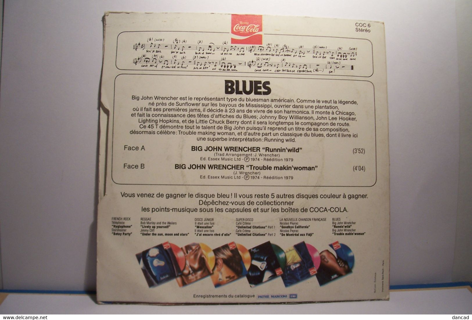 COCA COLA  - BIG JOHN WRENCHER   - DISQUE  VINYLE - 45 Tours  ( BLEU ) - PUBLICITE - Blues