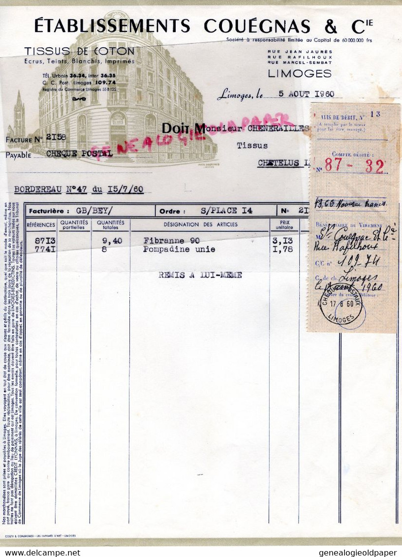 87-LIMOGES- FACTURE ETS. COUEGNAS- TISSUS COTON- RUE JEAN JAURES-RAFILHOUX-MARCEL SEMBAT-1960 - Textile & Vestimentaire