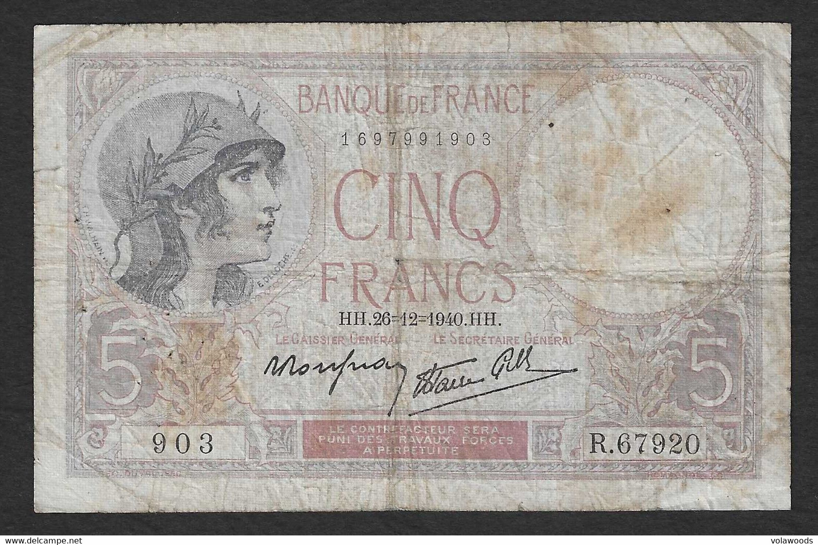 Francia - Banconota Circolata Da 5 Franchi P-83a.18 - 1940 #17 - 5 F 1917-1940 ''Violet''