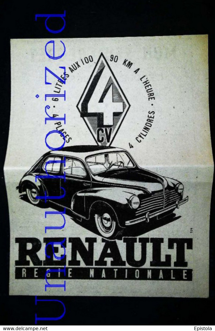► 1948  - Publicité RENAULT Régie 4 CV  (Encart Photo Coupure De Presse) - Appareils