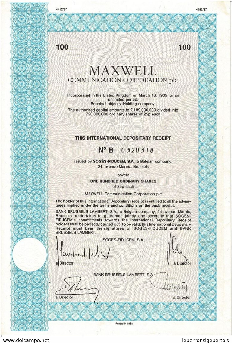 - Titre De 1988 - Maxwell Communication Corporation Plc - - Pétrole