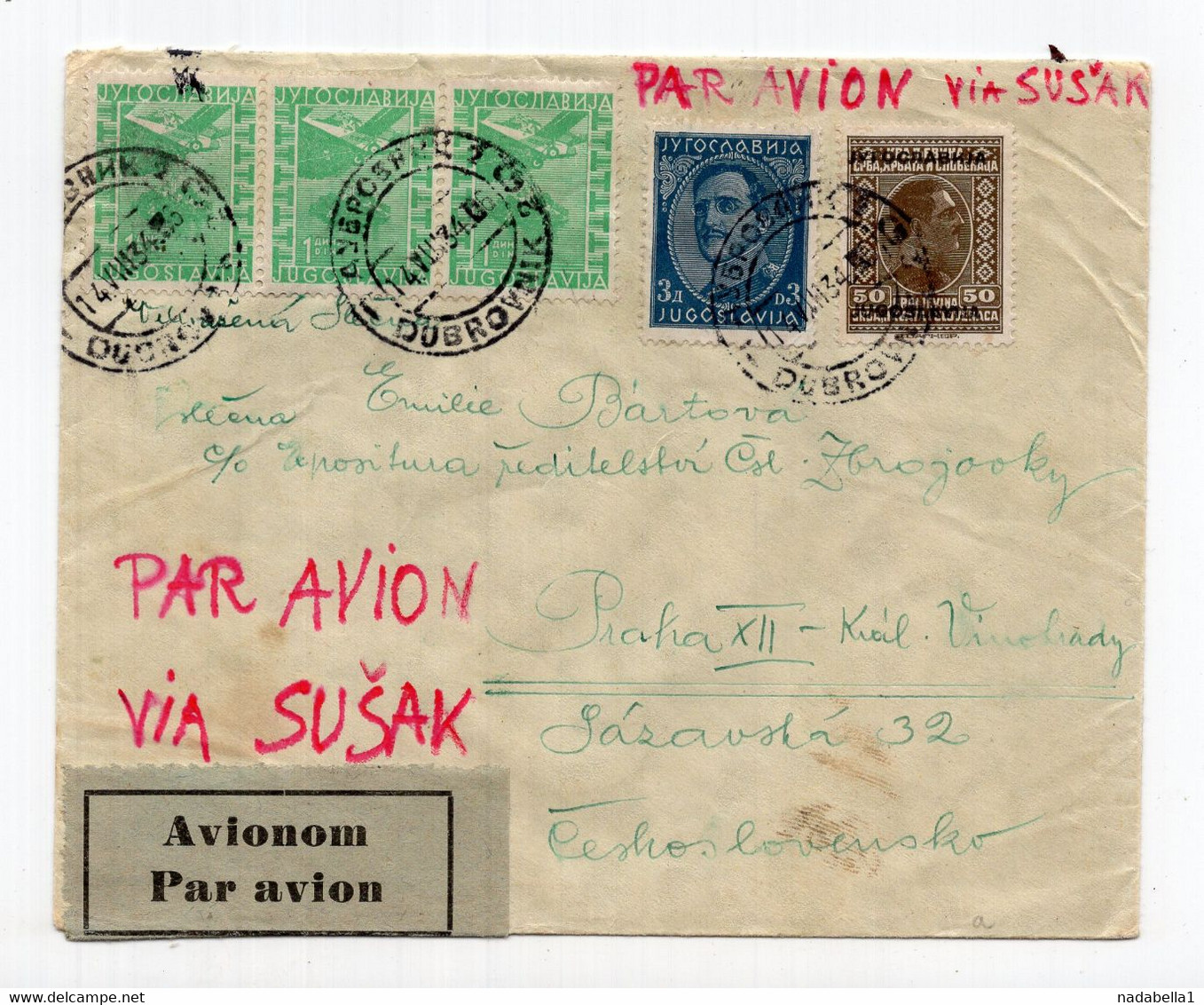 1934. KINGDOM OF YUGOSLAVIA,CROATIA,DUBROVNIK TO PRAGUE,AIRMAIL COVER VIA SUSAK - Poste Aérienne