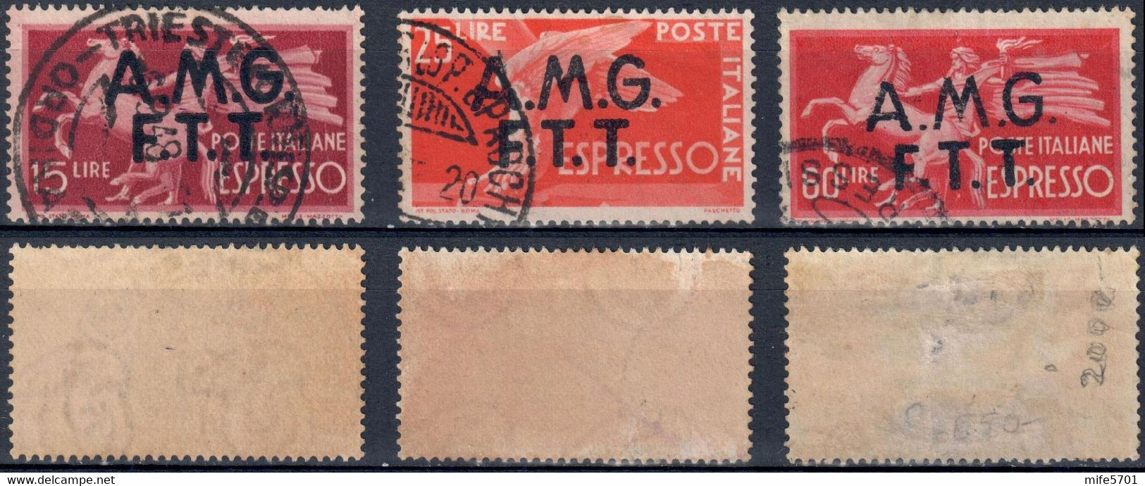 AMG-FTT 1947/48 - ESPRESSI SERIE DEMOCRATICA L. 15 / 25 / 60 SOPRASTAMPA SU DUE RIGHE - USATI - USED ⦿ - SASSONE 1/2/4 - Posta Espresso