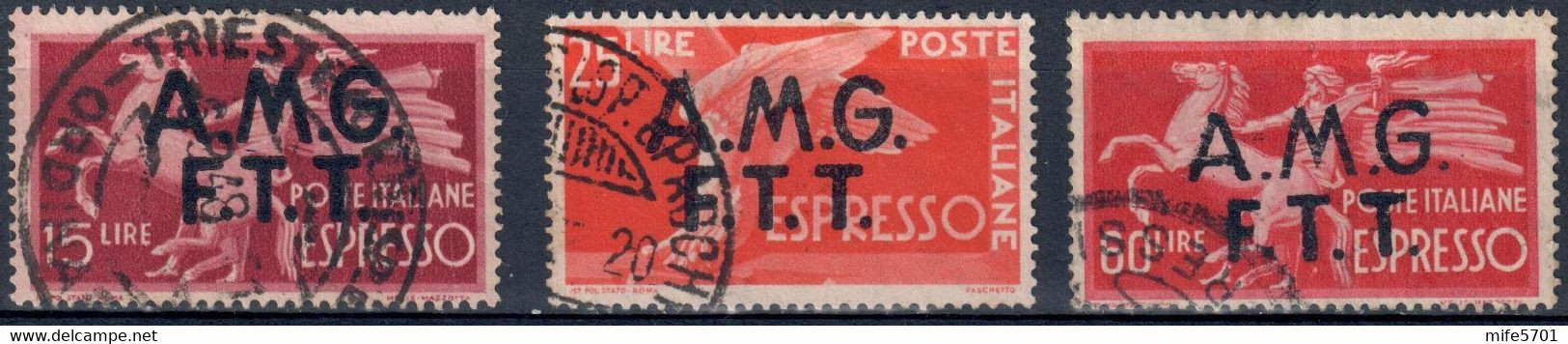 AMG-FTT 1947/48 - ESPRESSI SERIE DEMOCRATICA L. 15 / 25 / 60 SOPRASTAMPA SU DUE RIGHE - USATI - USED ⦿ - SASSONE 1/2/4 - Posta Espresso