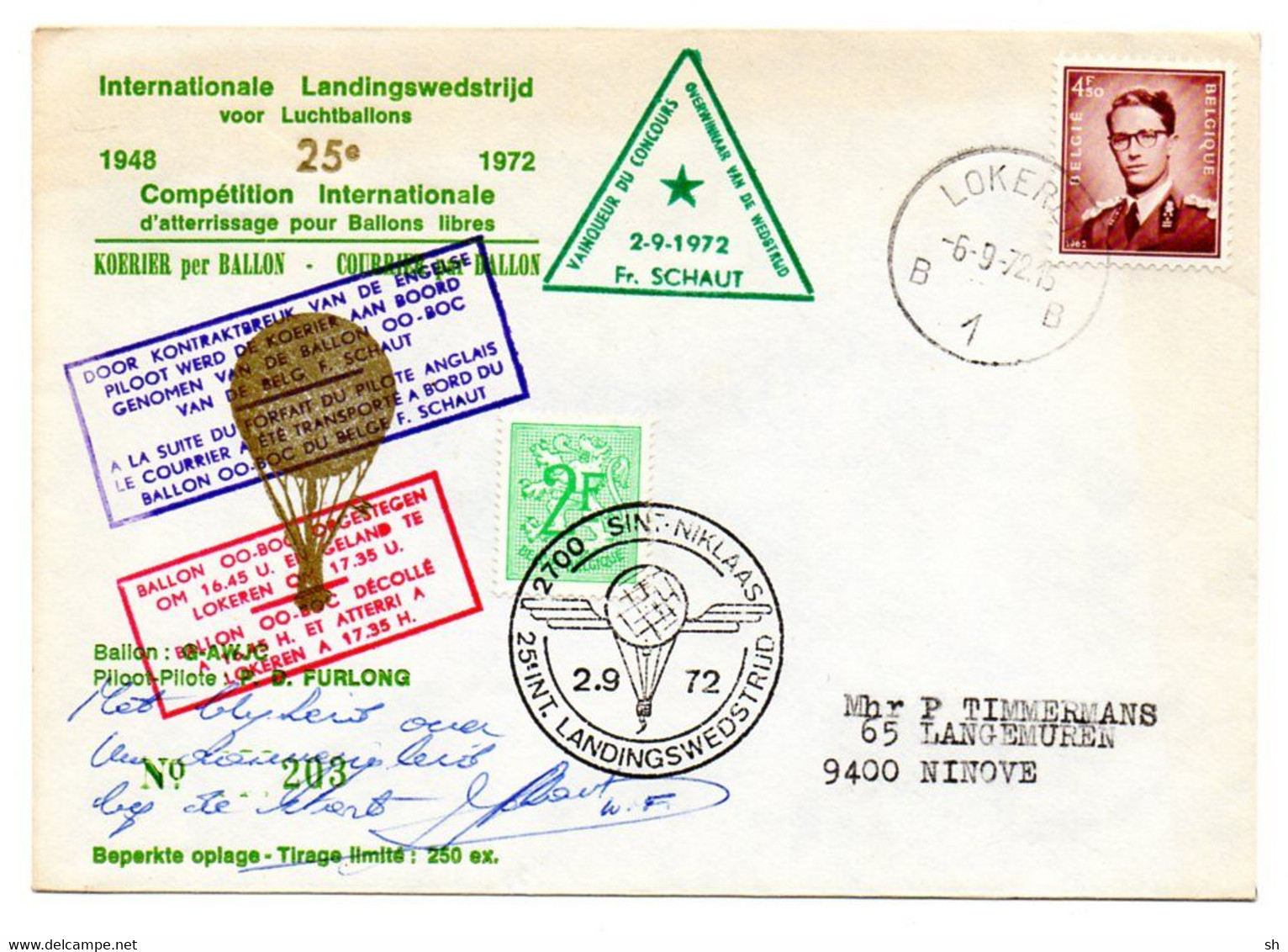 SINT-NIKLAAS - Courrier Par Ballon Montgolfière - Koerier Per Ballon - F. Schaut - 1972 - Geland - Atterri à/te Lokeren - Other & Unclassified