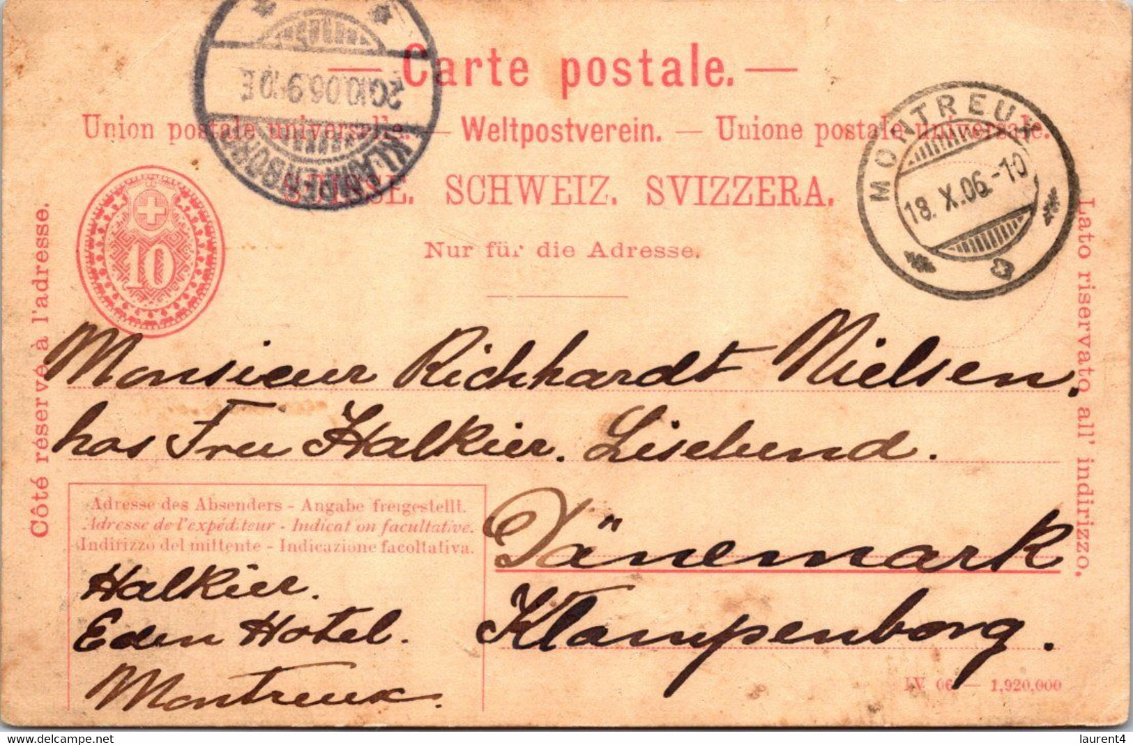 (4 C 8) Very Old SWITZERLAND - Carte Postale - Posted 18 X 1906 - From Montreux To Klanpenborg - Autres & Non Classés