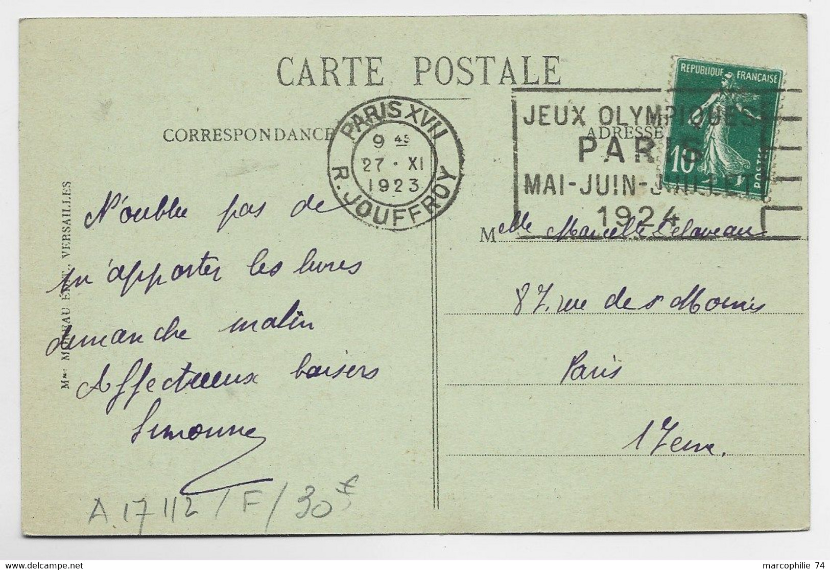 FRANCE SEMEUSE 10C CARTE MEC FLIER JEUX OLYMPIQUES PARIS R JOUFFROY 27.XI.1923 COTE 30€ - Summer 1924: Paris