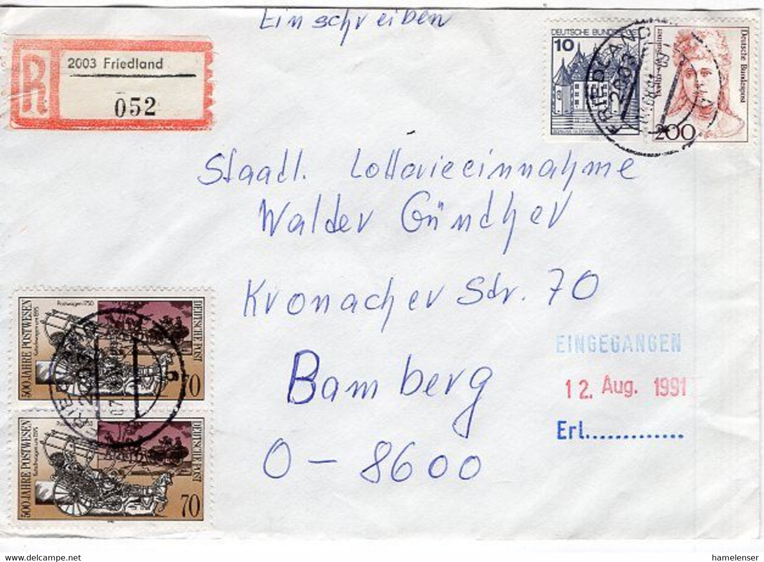 50263 -  Bund / VGO - 1991 - 2@70Pfg. 500 Jahre Postwesen MiF A. R-Bf. FRIEDLAND -> Bamberg - Storia Postale