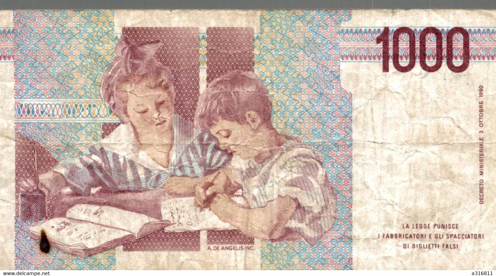 Billet De Banque Usagé Ayant Circulé - BANCA D'ITALIA - 1000 Lire MILLE LIRE - DH 662992 D - M. MONTESSORI - ITALIE 1990 - 1000 Lire