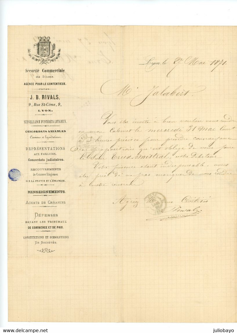 27 Mai 1871 émission De Bordeaux N°43B Bistre Jaune Seul Sur Lettre De Lyon Pour Lyon , Signé Brun - 1849-1876: Classic Period