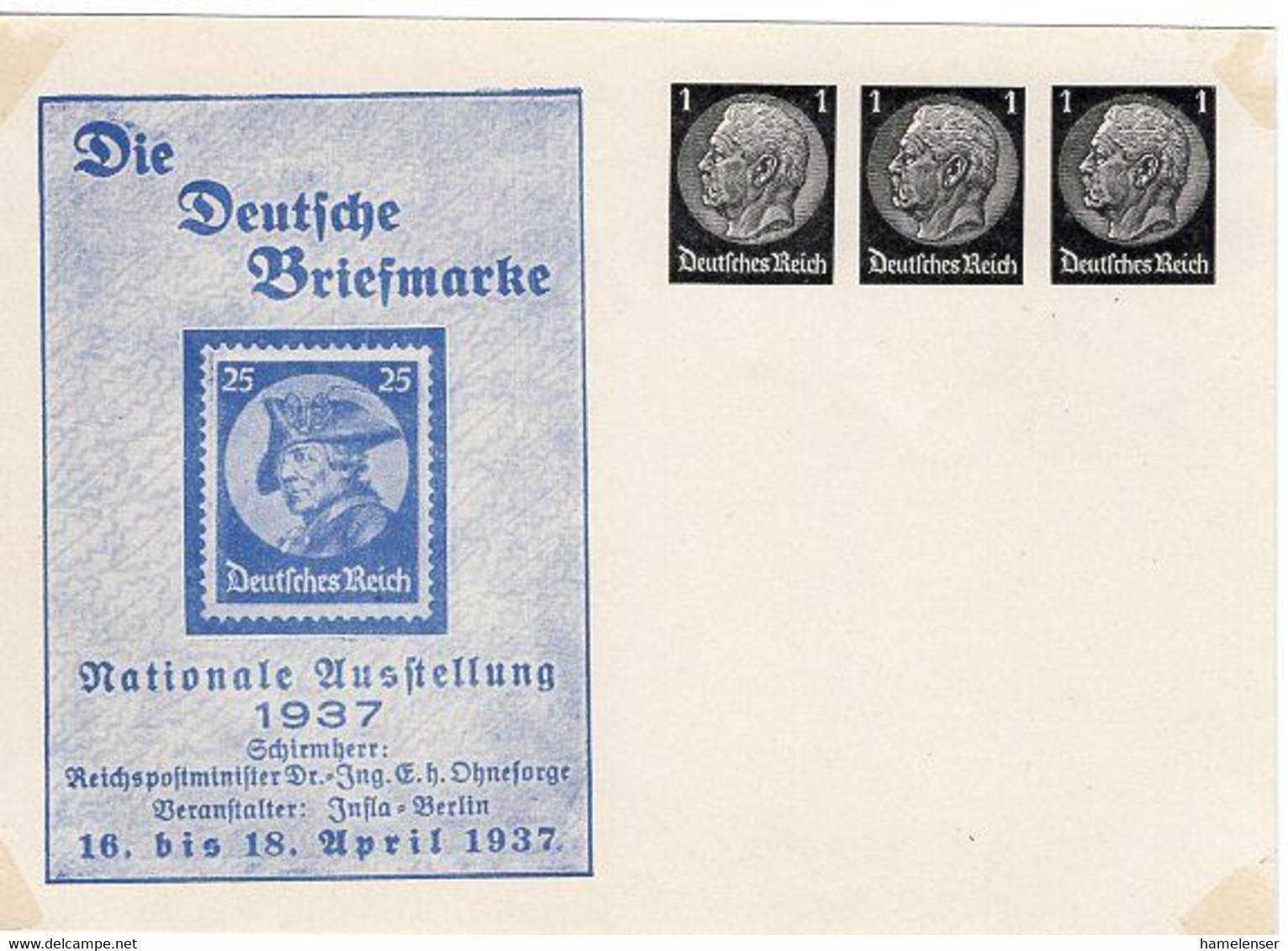 50284 - Deutsches Reich - 1937 - 3x1Pfg. Hindenburg PGAKte. "Nationale Briefmarkenausstellung", Ungebr. - Sonstige & Ohne Zuordnung