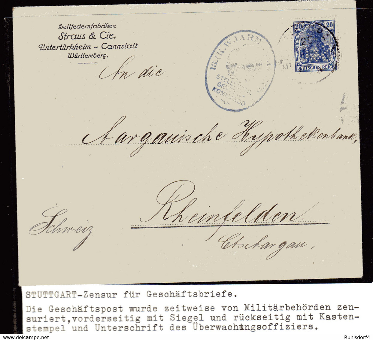 Zensurpost, 1 Weltkrieg, Stuttgart-Zensur, Marke Mit Lochung. - Storia Postale