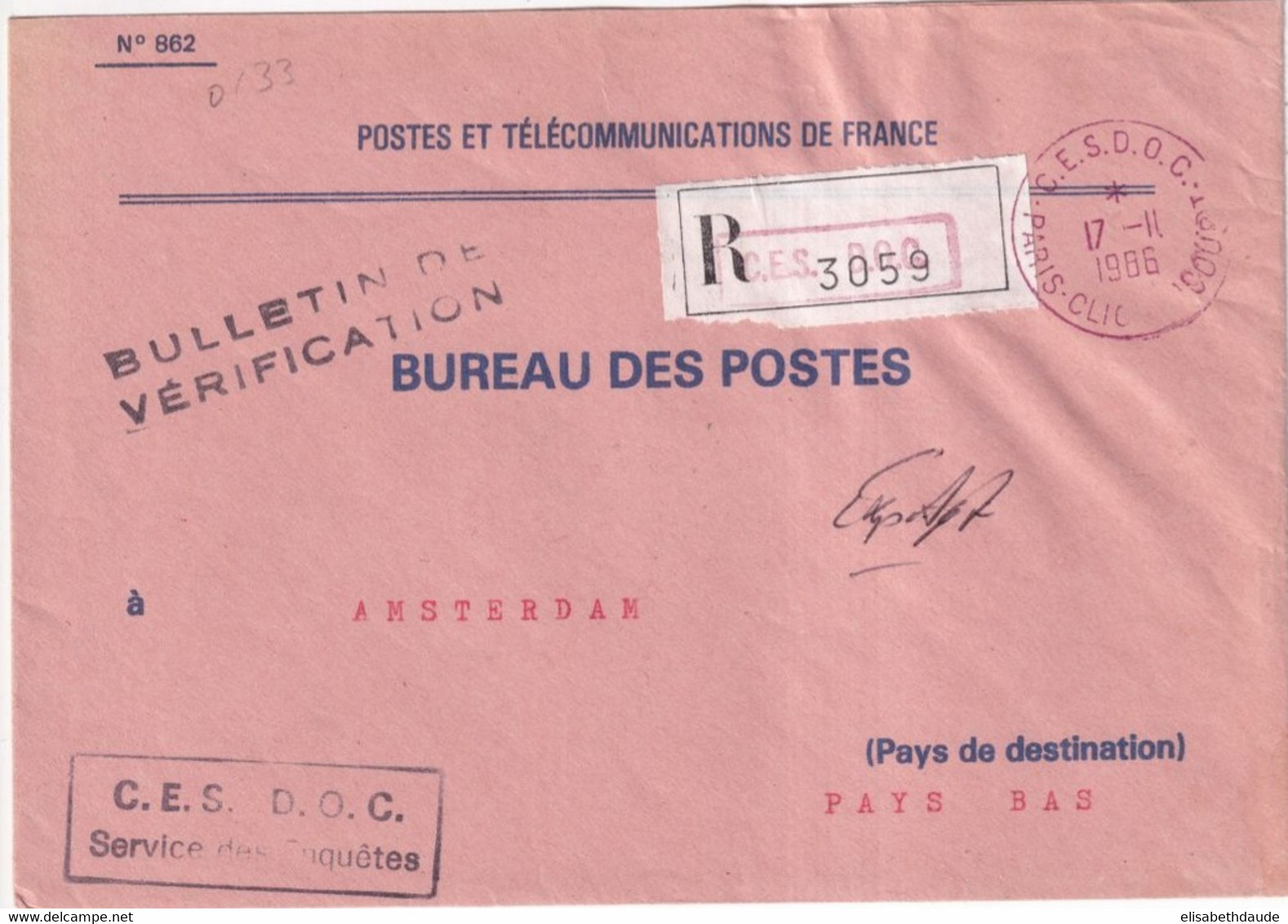 1986 - ENV. RECOMMANDEE De SERVICE PTT De PARIS C.E.S.D.O.C CACHET ROUGE ! => BUREAU AMSTERDAM (PAYS-BAS) ! - Lettres Civiles En Franchise