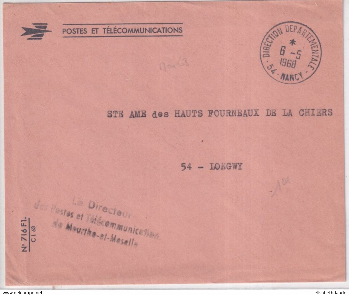 1968 - ENVELOPPE De SERVICE PTT De NANCY DIRECTION DEPARTEMENTALE (MEURTHE ET MOSELLE) - Civil Frank Covers