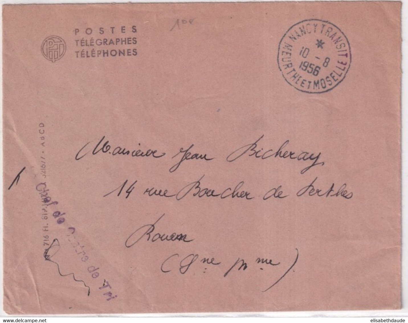 1956 - ENVELOPPE De SERVICE PTT De NANCY TRANSIT ! (MEURTHE ET MOSELLE) - Lettres Civiles En Franchise