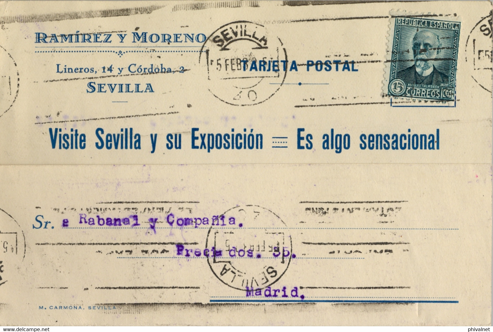 1932 , SEVILLA , TARJETA COMERCIAL CIRCULADA A MADRID . VISITE SEVILLA Y SU EXPOSICIÓN , RAMÍREZ Y MORENO - Storia Postale