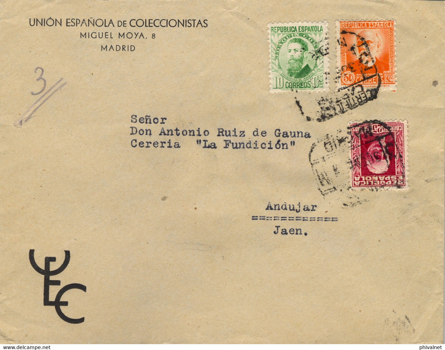 1933 , MADRID , SOBRE CERTIFICADO A ANDÚJAR / JAÉN , LLEGADA AL DORSO.  UNIÓN ESPAÑOLA DE COLECCIONISTAS - Covers & Documents