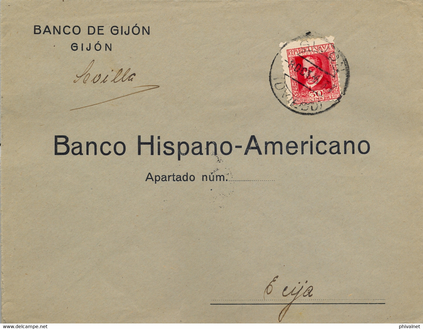 1935 , ASTURIAS , SOBRE DEL BANCO DE GIJÓN CIRCULADO A ÉCIJA , LLEGADA AL DORSO - Brieven En Documenten