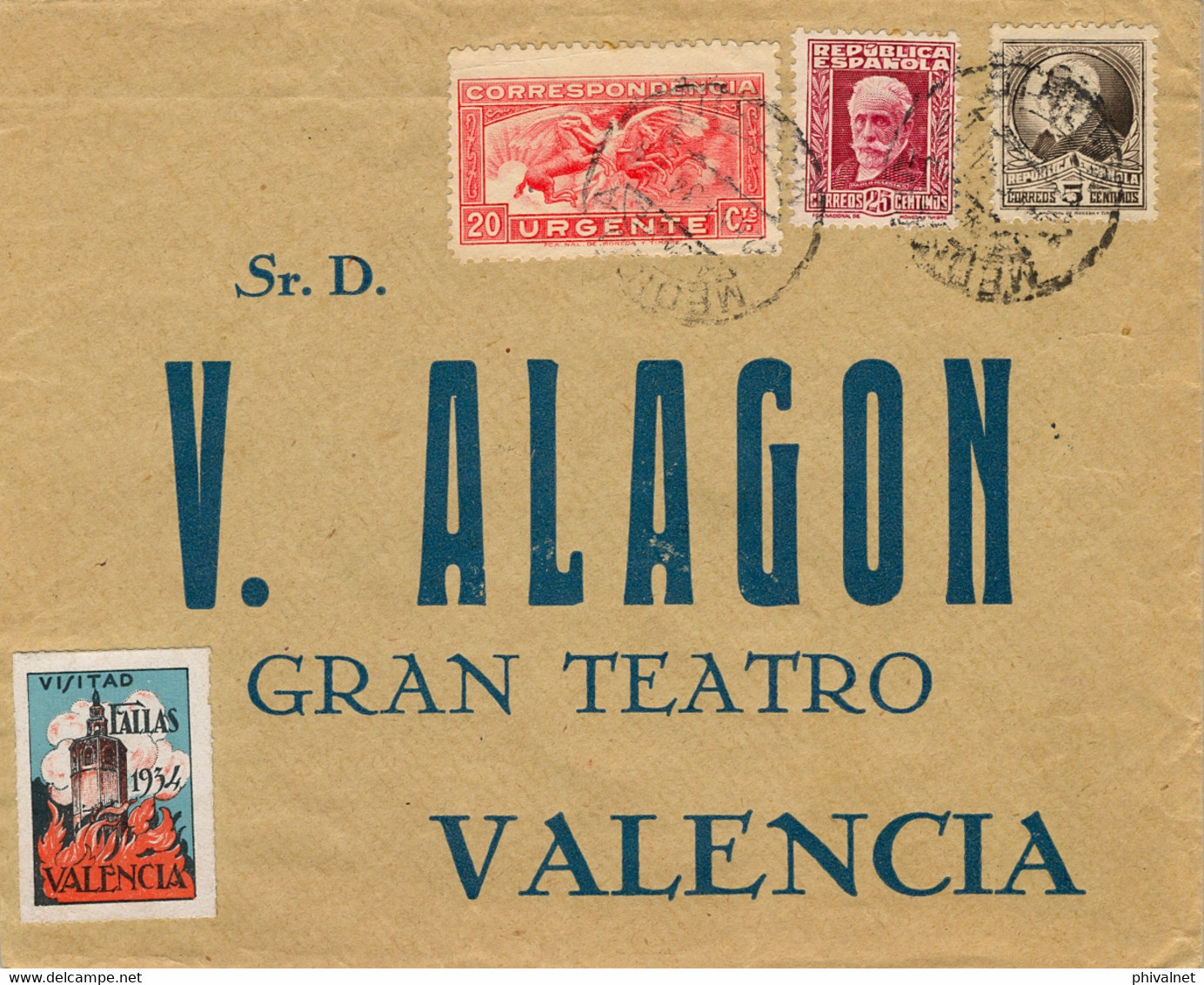 1934 , MADRID , SOBRE CIRCULADO A VALENCIA , MAT. MEDIODIA / MADRID , VIÑETA FALLAS , CORREO URGENTE , LLEGADA - Covers & Documents
