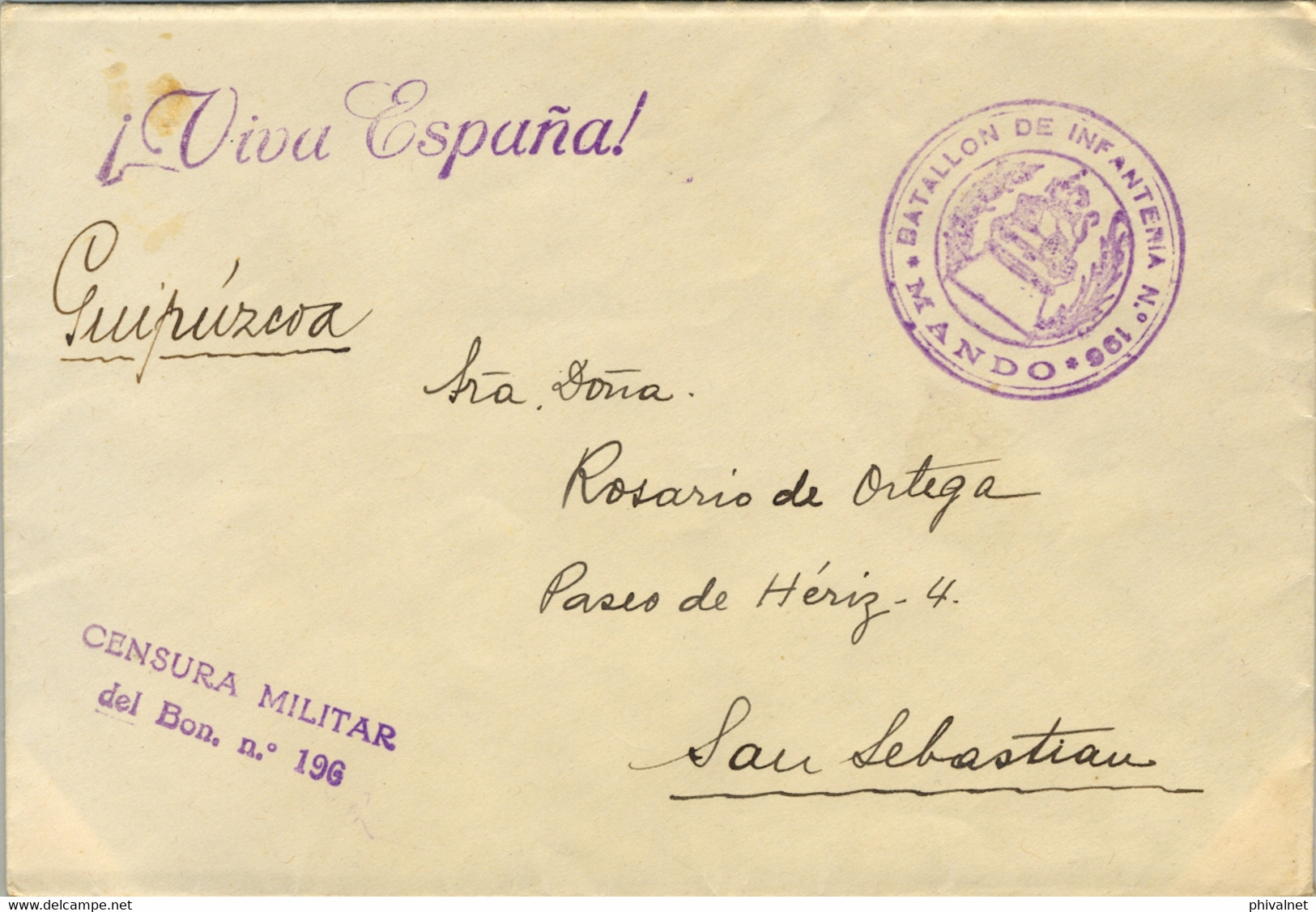 GUERRA CIVIL , SOBRE CIRCULADO DESDE EL FRENTE DE ARAGÓN A SAN SEBASTIAN , FRANQUICIA Y CENSURA INFANTERIA BAT. Nº 196 - Lettres & Documents