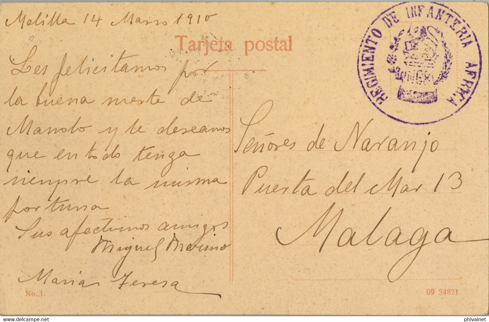 1910 , MELILLA , T.P. CIRCULADA A MÁLAGA , MARCA DE FRANQUICIA " REGIMIENTO DE INFANTERIA AFRICA " , LLEGADA - Storia Postale