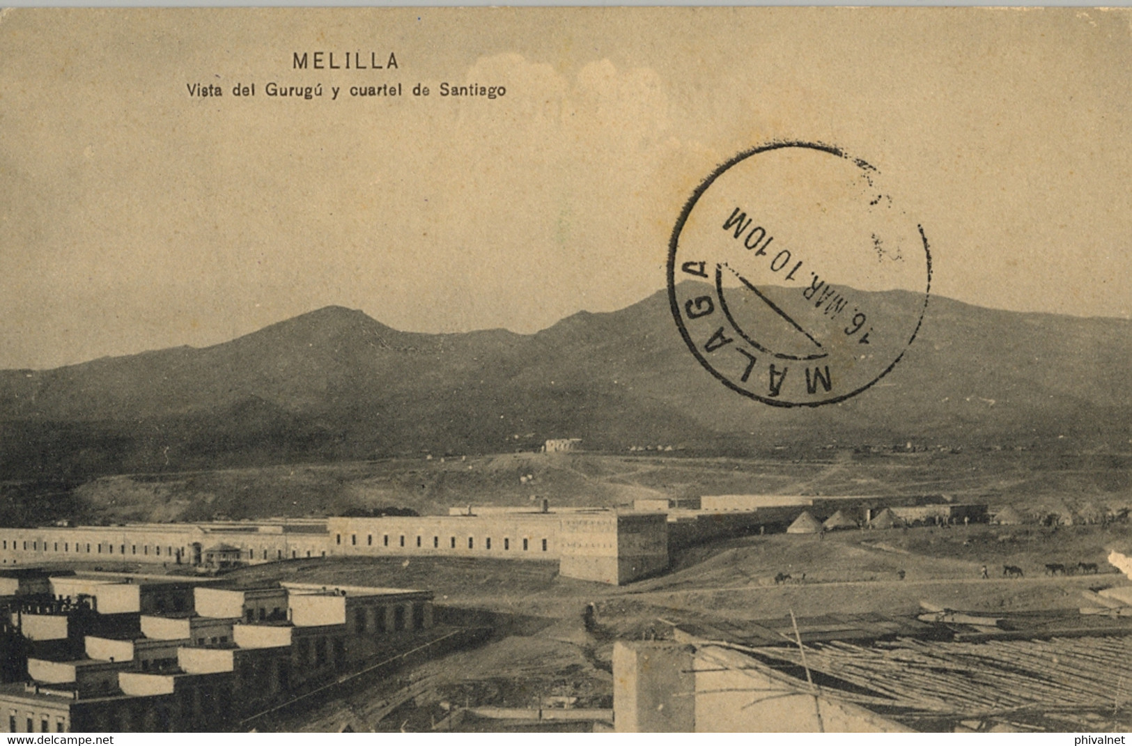1910 , MELILLA , T.P. CIRCULADA A MÁLAGA , MARCA DE FRANQUICIA " REGIMIENTO DE INFANTERIA AFRICA " , LLEGADA - Lettres & Documents